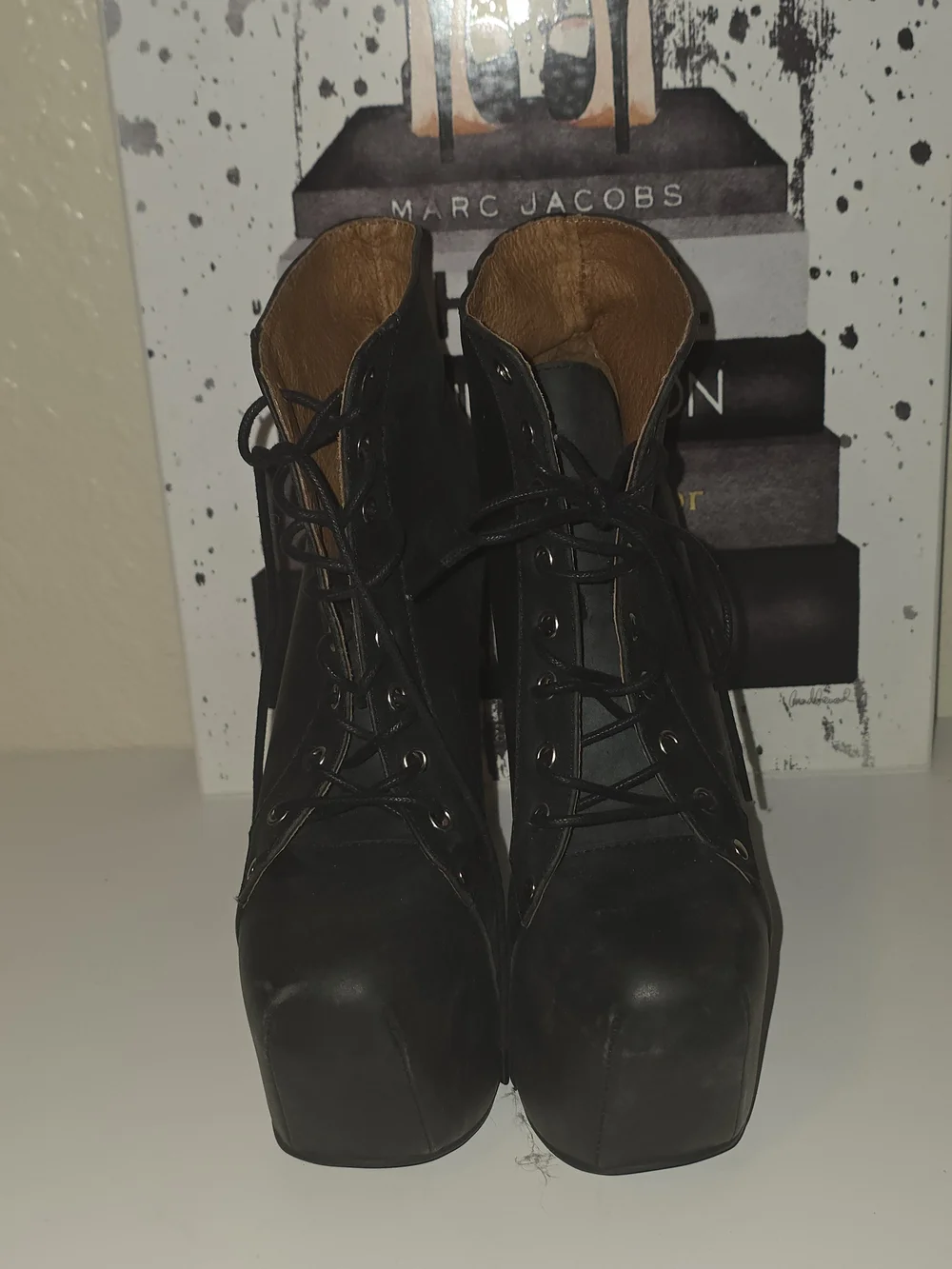 Jeffrey Campbell "NGT-LITA" Black Leather Studded Platform Lace-Up Gravity Wedge - Picture 2 of 9